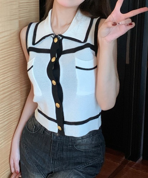 deux amour(ドゥーザムール)の「配色ライン襟付き前ボタンノースリスキッパートップス(Tシャツ/カットソー・レディース・ブルー/ブラック/ホワイト・FREE)」の15枚目の写真