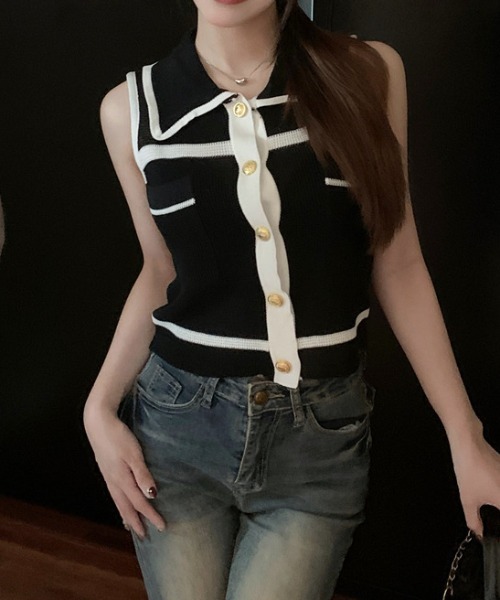 deux amour(ドゥーザムール)の「配色ライン襟付き前ボタンノースリスキッパートップス(Tシャツ/カットソー・レディース・ブルー/ブラック/ホワイト・FREE)」の8枚目の写真