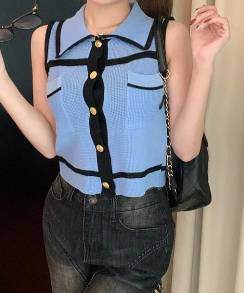 deux amour(ドゥーザムール)の「配色ライン襟付き前ボタンノースリスキッパートップス(Tシャツ/カットソー・レディース・ブルー/ブラック/ホワイト・FREE)」の6枚目の写真