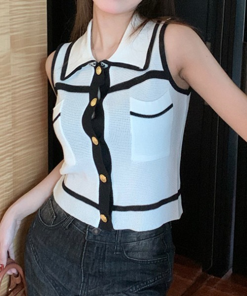 deux amour(ドゥーザムール)の「配色ライン襟付き前ボタンノースリスキッパートップス(Tシャツ/カットソー・レディース・ブルー/ブラック/ホワイト・FREE)」の13枚目の写真