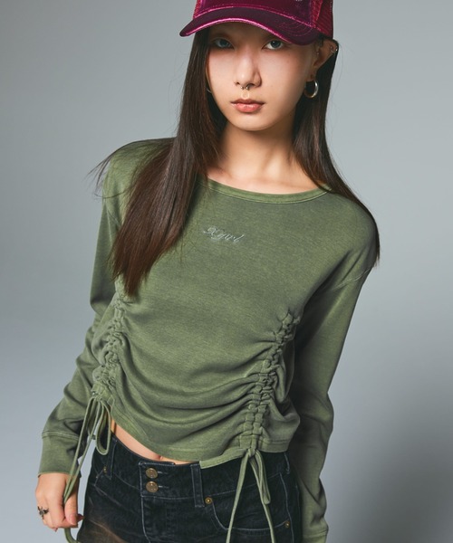 X-girl(エックスガール)の「FADED DRAWSTRING L/S TOP(Tシャツ/カットソー・レディース・ブラック/オリーブ/ベージュ・ONE SIZE)」の1枚目の写真