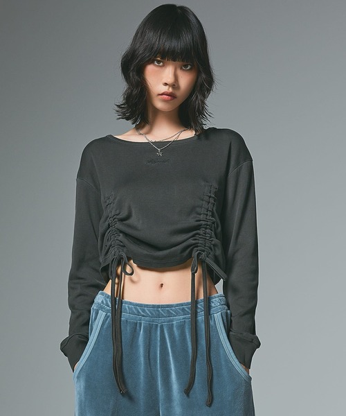 X-girl(エックスガール)の「FADED DRAWSTRING L/S TOP(Tシャツ/カットソー・レディース・ブラック/オリーブ/ベージュ・ONE SIZE)」の10枚目の写真