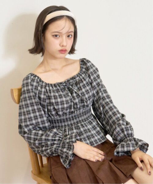 LOVETOXIC（ラブトキシック）の「チェックオフショルブラウス（シャツ/ブラウス・キッズ・ベージュ/ブラック/オフホワイト・M:150cm/S:140cm/L:160cm/130cm）」の2枚目の写真