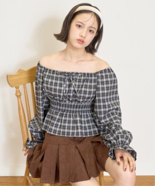 LOVETOXIC（ラブトキシック）の「チェックオフショルブラウス（シャツ/ブラウス・キッズ・ベージュ/ブラック/オフホワイト・M:150cm/S:140cm/L:160cm/130cm）」の5枚目の写真