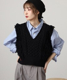 編地切り替えフリンジニットベスト