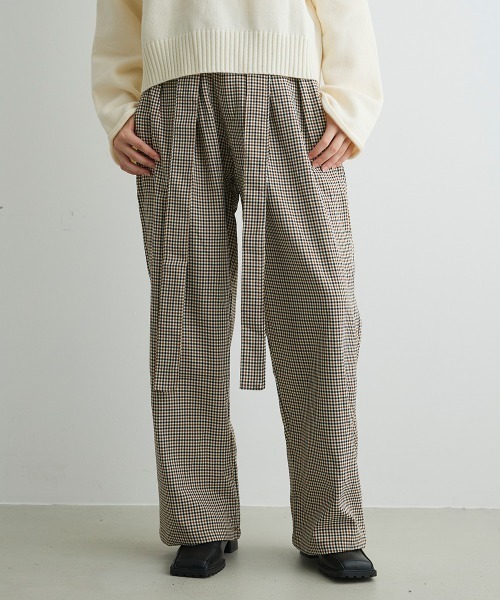 Mirette(ミレット)の「ベルトディテールチェックワイドパンツ Belt Detail Check Wide Pants(その他パンツ・レディース・ブラウン・LARGE/MEDIUM/SMALL)」の3枚目の写真