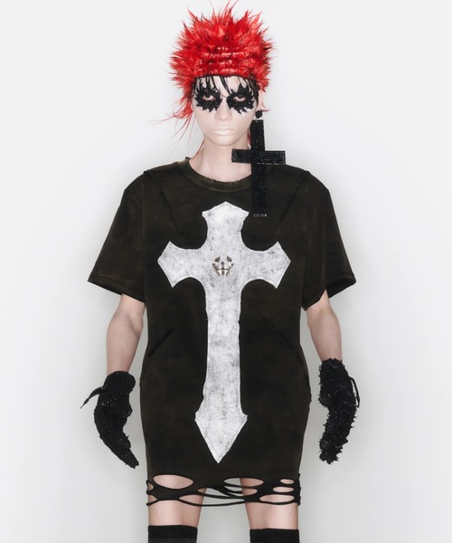 UNIZ（ユニズ）の「【UNIZ】Cross Knight T-Shirt / 【ユニズ】オーバーサイズクロスダメージ半袖Tシャツ（Tシャツ/カットソー・メンズ・ブラウン・M/L/XL）」の7枚目の写真