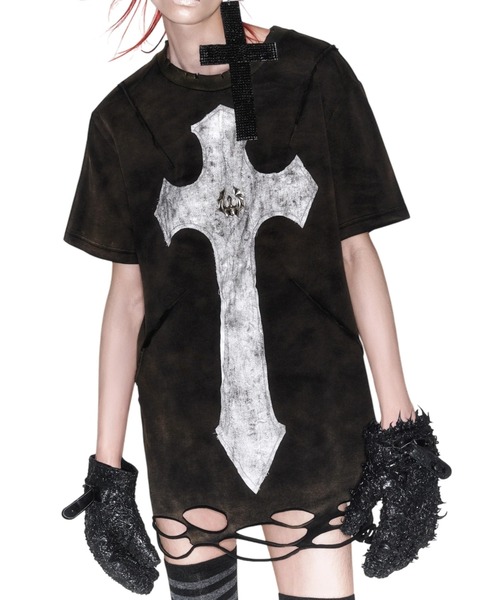UNIZ（ユニズ）の「【UNIZ】Cross Knight T-Shirt / 【ユニズ】オーバーサイズクロスダメージ半袖Tシャツ（Tシャツ/カットソー・メンズ・ブラウン・M/L/XL）」の8枚目の写真