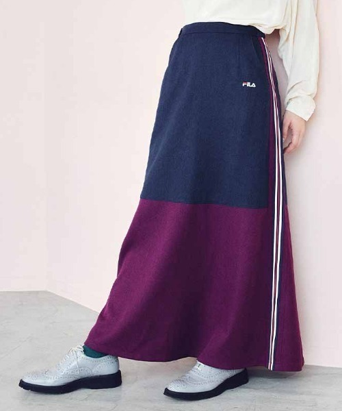 MEDE19F(メデジュウキュウ)の「FILA for MEDE19F 大人も着られるストライプラインのスカート〈ネイビー×バーガンディ〉(スカート・レディース・ネイビー・L/M/LL)」の1枚目の写真
