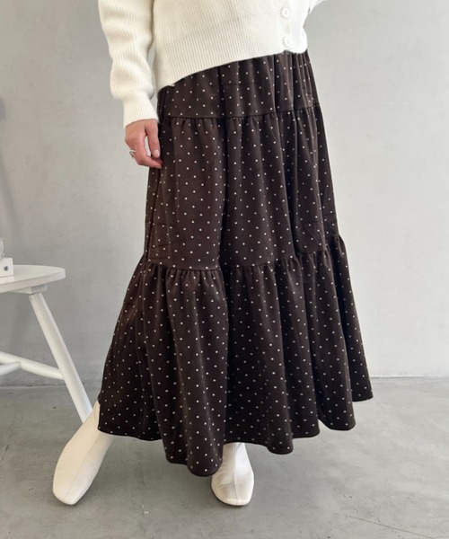 セール】ドット柄ベロアティアードロングスカート（スカート）｜CLEA