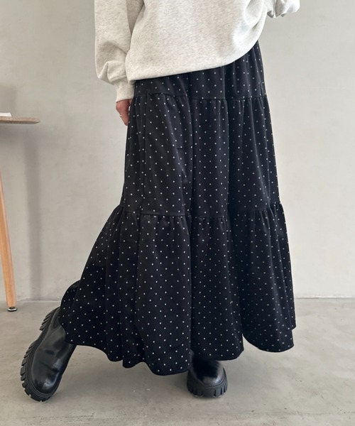 セール】ドット柄ベロアティアードロングスカート（スカート）｜CLEA