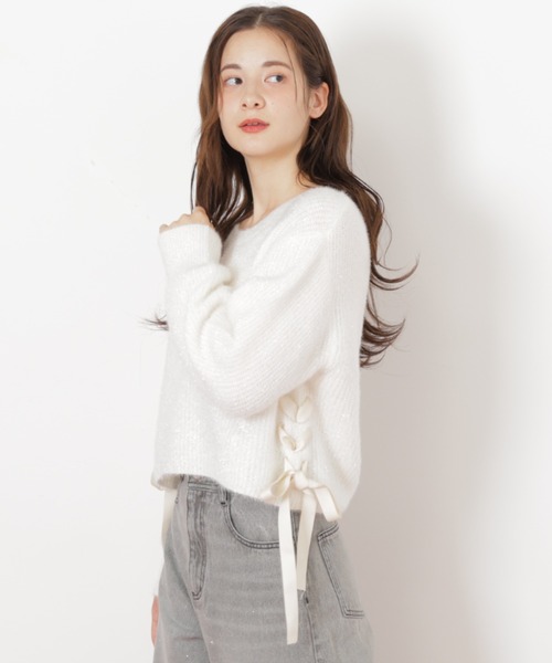 JILL by JILL STUART(ジルバイジルスチュアート)の「◇サイドリボンフィルムフェザーニット(ニット/セーター・レディース・グレー/ブルー/ホワイト/ピンク・FREE)」の2枚目の写真