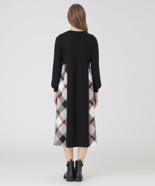 セール】ウールミックスポンチパーシャルチェックドレス（ワンピース