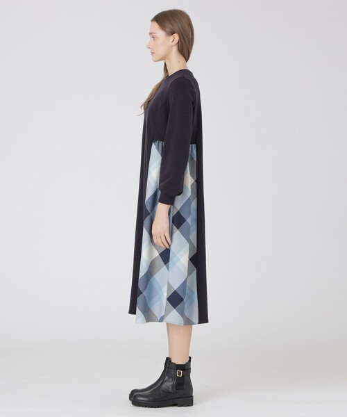 セール】ウールミックスポンチパーシャルチェックドレス（ワンピース