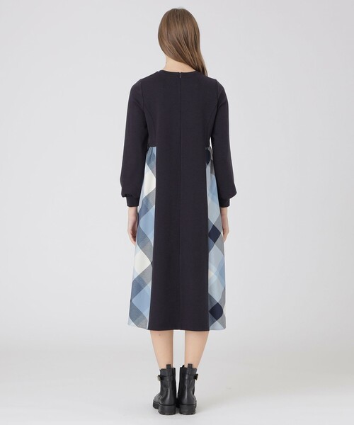セール】ウールミックスポンチパーシャルチェックドレス（ワンピース