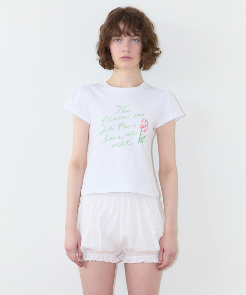 SINOON(シヌーン)の「Flower Lettering Puff T-Shirt (White)(Tシャツ/カットソー・レディース・ホワイト・MEDIUM/SMALL)」の1枚目の写真