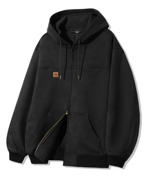 TRILLION（トリリオン）の「Leather Patch Suede Work Hooded Zip-Up_Black（パーカー）」