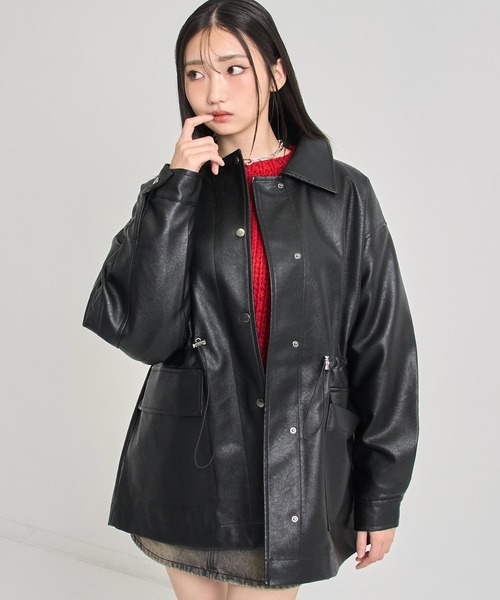 ANAP(アナップ)の「ドローストリングカバーオールフェイクレザージャケット(その他アウター・レディース・ブラック・F)」の2枚目の写真