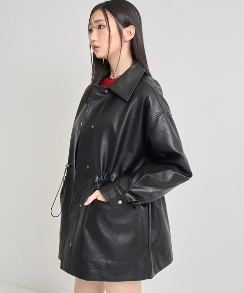 ANAP(アナップ)の「ドローストリングカバーオールフェイクレザージャケット(その他アウター・レディース・ブラック・F)」の3枚目の写真