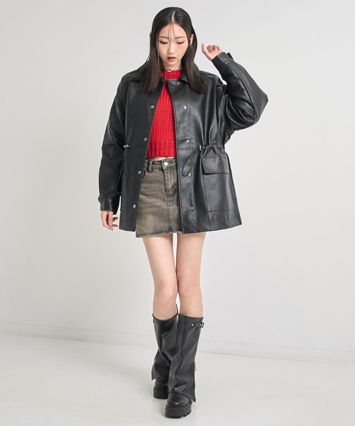 ANAP(アナップ)の「ドローストリングカバーオールフェイクレザージャケット(その他アウター・レディース・ブラック・F)」の6枚目の写真