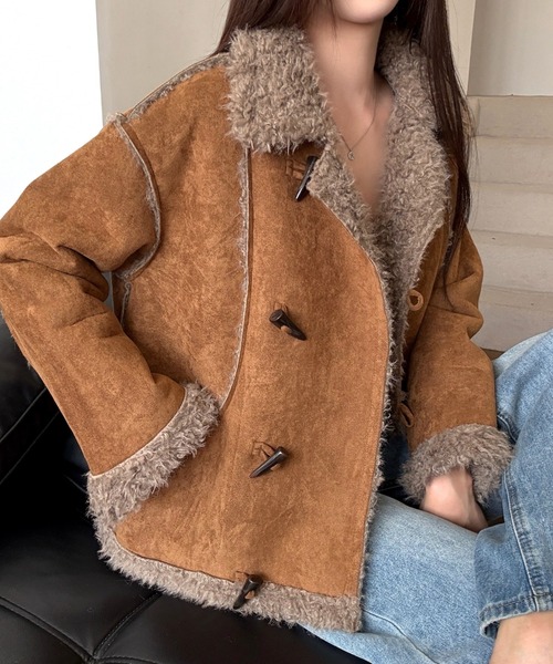 【希少L リアルムートン】ムートンジャケット　コート　茶　くるみボタン　ボア Clum ムートンコート ボアコート クロップドムートンライクボア