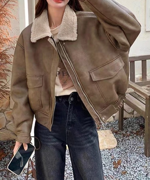 ナ♡GIENGE フェイクファー付き レザー ジャケット ボア襟 ムートン ナ♡GIENGE フェイクファー付き レザー ジャケット ボア襟 ムートン