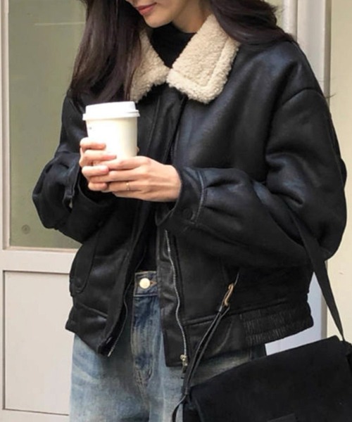 ナ♡GIENGE フェイクファー付き レザー ジャケット ボア襟 ムートン ナ♡GIENGE フェイクファー付き レザー ジャケット ボア襟 ムートン