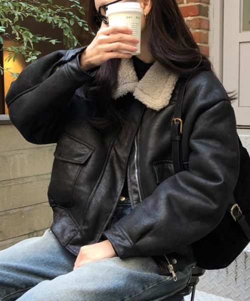 セール】Chiina /フェイクレザー ボアバイカラームートンジャケット