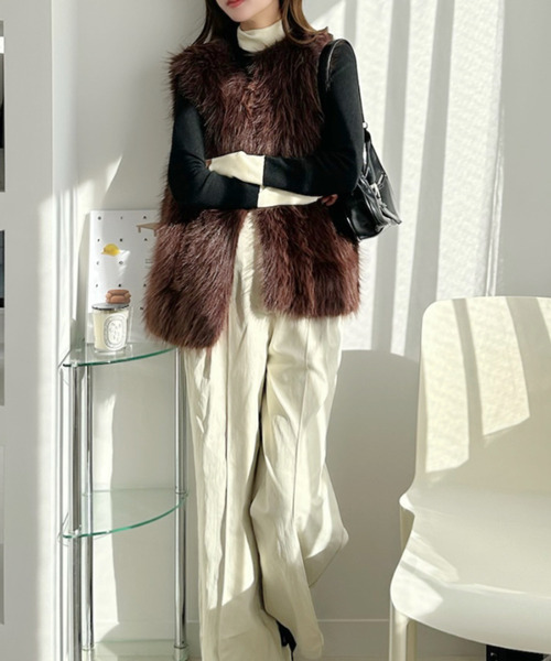 セール】ロング フォックス ファー ノーカラー ベスト（ベスト）｜Ada