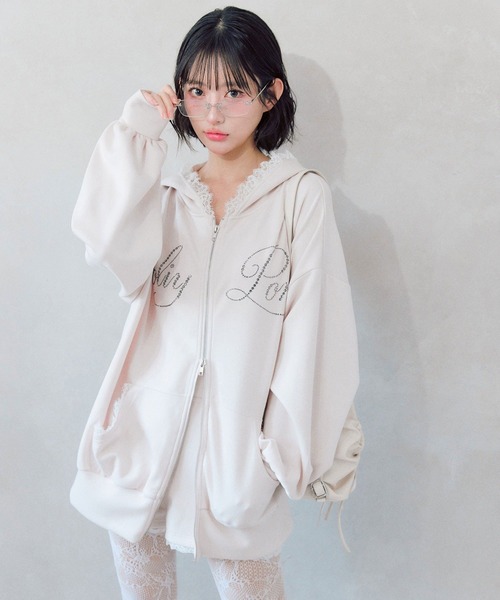 OLIVE des OLIVE（オリーブデオリーブ）の「ロゴ入りレースパーカー（パーカー・レディース・ピンク/ブラック/サックスブルー/アイボリー/その他/トップグレー・FREE）」の5枚目の写真