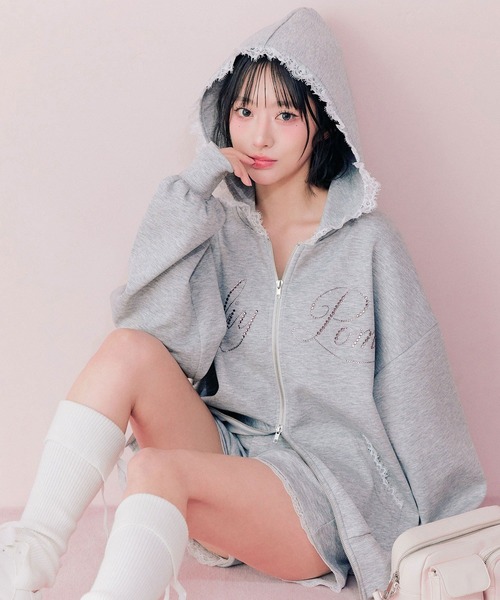 OLIVE des OLIVE（オリーブデオリーブ）の「ロゴ入りレースパーカー（パーカー・レディース・ピンク/ブラック/サックスブルー/アイボリー/その他/トップグレー・FREE）」の3枚目の写真