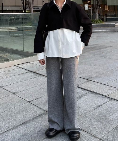 ISOOK(アイスー)の「リラックスニットワイドパンツ(eri. select) / リラックスパンツ イージーパンツ ウエスト紐 総ゴム ストレートパンツ ロング ベージュ グレー(その他パンツ・レディース・グレー/ライトベージュ・FREE)」の2枚目の写真