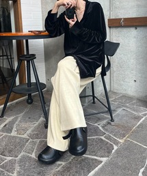 リラックスニットワイドパンツ(eri. select) / リラックスパンツ イージーパンツ ウエスト紐 総ゴム ストレートパンツ ロング ベージュ グレー