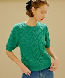 LOOKAST | グリーンロウケーブルウールニット(ニット/セーター)