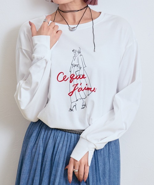 LHELBIE(レルビエ)の「イラストプリントロンT(Tシャツ/カットソー・レディース・ブラック/ネイビー/オフホワイト・M)」の1枚目の写真