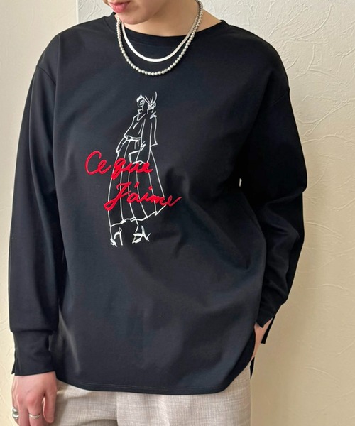 LHELBIE(レルビエ)の「イラストプリントロンT(Tシャツ/カットソー・レディース・ブラック/ネイビー/オフホワイト・M)」の2枚目の写真