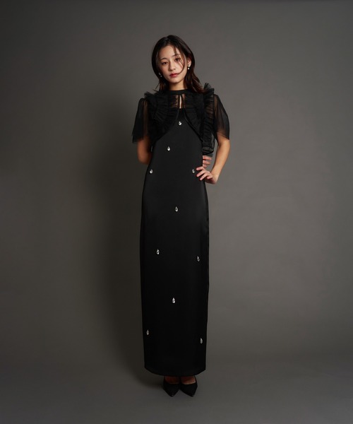 My shawty(マイシャウティー)の「satin bijou set dress(ドレス・レディース・ブルーグレー/ブラック/イエロー・SMALL/MEDIUM)」の4枚目の写真