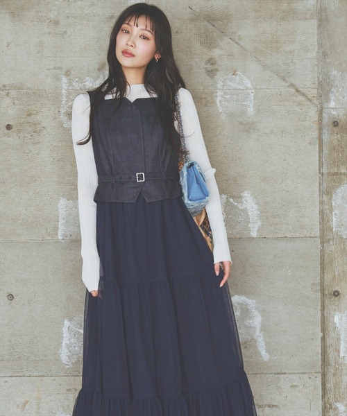 AND COUTURE(アンドクチュール)の「異素材ドッキングチュールワンピース(ワンピース・レディース・オフホワイト/ブルー/ベージュ/ネイビー・FREE)」の22枚目の写真