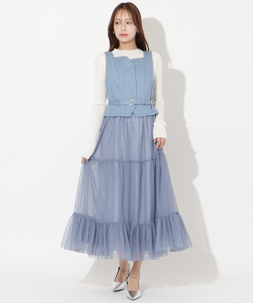 AND COUTURE(アンドクチュール)の「異素材ドッキングチュールワンピース(ワンピース・レディース・オフホワイト/ブルー/ベージュ/ネイビー・FREE)」の9枚目の写真