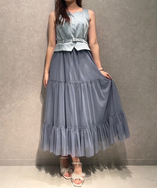 AND COUTURE(アンドクチュール)の「異素材ドッキングチュールワンピース(ワンピース・レディース・オフホワイト/ブルー/ベージュ/ネイビー・FREE)」の8枚目の写真