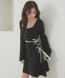 side lace up flare mini knit dress / サイドレースアップフレアミニニットワンピース