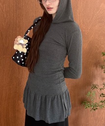 ペプラムフーディーカットソー / オフホワイト アイボリー グレー ブラック カットソー 長袖 トップス 春服 夏服 秋服 インナー 韓国 ノームコア カジュアル シンプル 無地  Tシャツ コンパクト