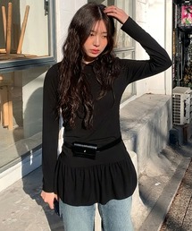 ペプラムフーディーカットソー / オフホワイト アイボリー グレー ブラック カットソー 長袖 トップス 春服 夏服 秋服 インナー 韓国 ノームコア カジュアル シンプル 無地 Tシャツ コンパクト
