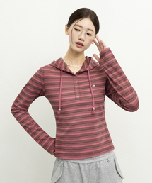 ボタンフード付きストライプロングスリーブTシャツ_ピンク&ブラウン
