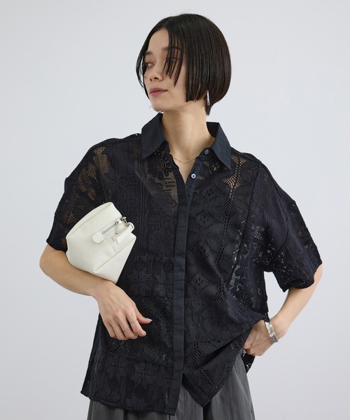 美品 アダムエロペ 刺繍レースシャツ 黒 春夏 羽織 ブラック WEB限定】パッチワークレースシャツ / セットアップ対応（シャツ