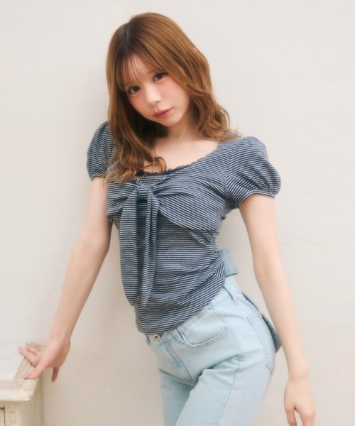 Chesty ボーダー  リボン トップス ボーダー肩リボントップス/MAJESTIC LEGON(マジェスティックレゴン