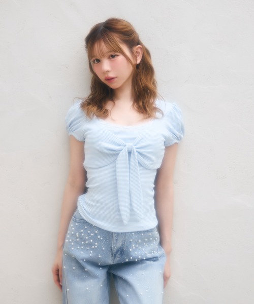 Chesty ボーダー  リボン トップス ボーダー肩リボントップス/MAJESTIC LEGON(マジェスティックレゴン