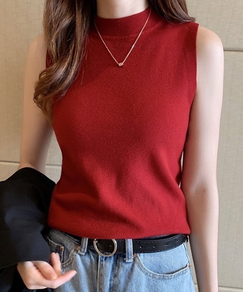 Teem Store(チームストア)の「ベーシックノースリーブ クルーネック 夏ニット(Tシャツ/カットソー・レディース・アイボリー/ワイン/グレー/ブラック・F)」の1枚目の写真