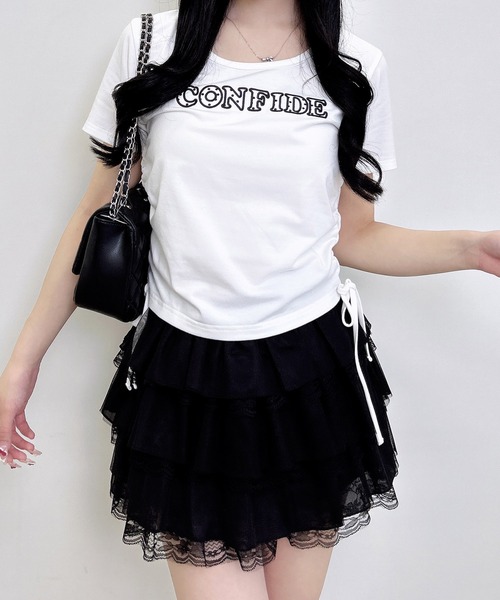 INGNI（イング）の「サイドギャザーリボンドット貼付ロゴTシャツ（Tシャツ/カットソー・レディース・オフホワイト/ブラック/ライトピンク・M）」の4枚目の写真