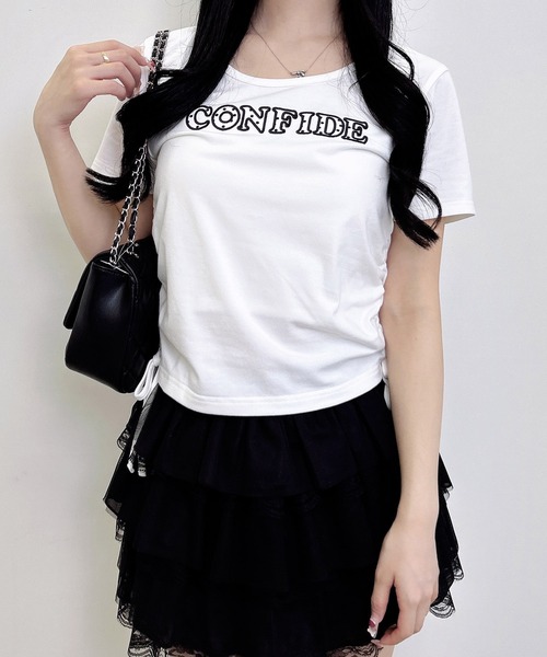 INGNI（イング）の「サイドギャザーリボンドット貼付ロゴTシャツ（Tシャツ/カットソー・レディース・オフホワイト/ブラック/ライトピンク・M）」の5枚目の写真